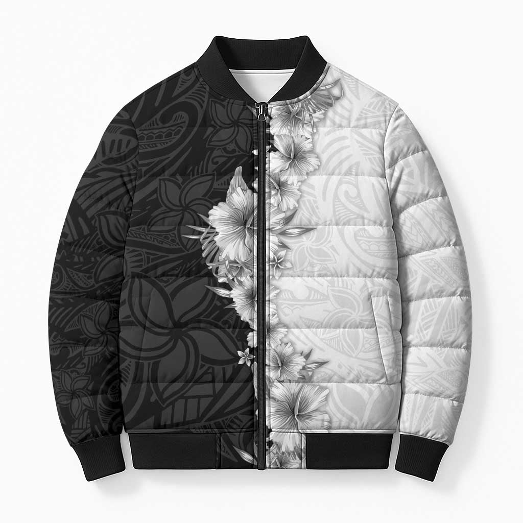 Hawaii Hibiscus Flowers Bomber Puffer Jacket Grayscale Polynesian Pattern LT05 Unisex Black - Polynesian Pride
