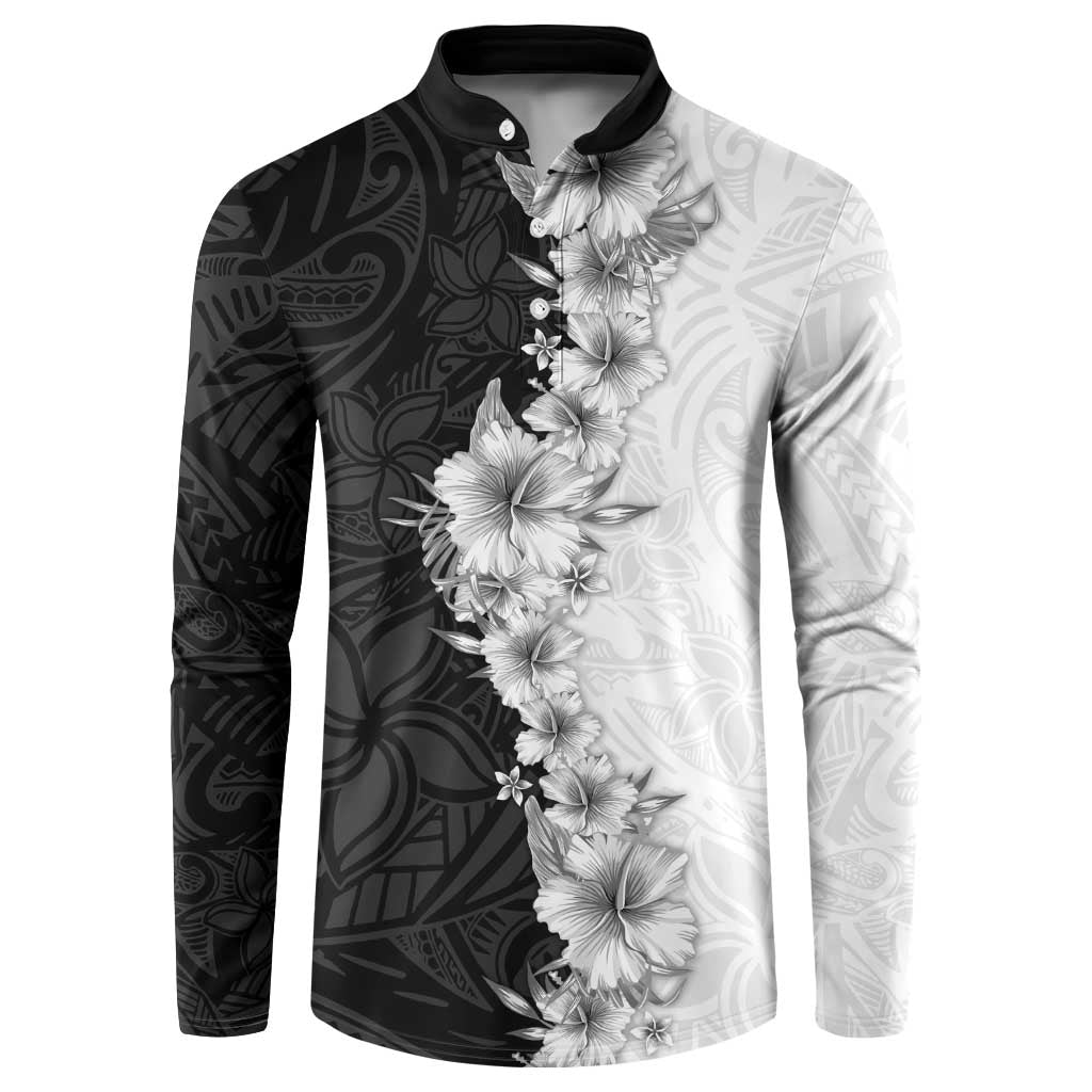 Hawaii Hibiscus Flowers Button Sweatshirt Grayscale Polynesian Pattern LT05 Black - Polynesian Pride