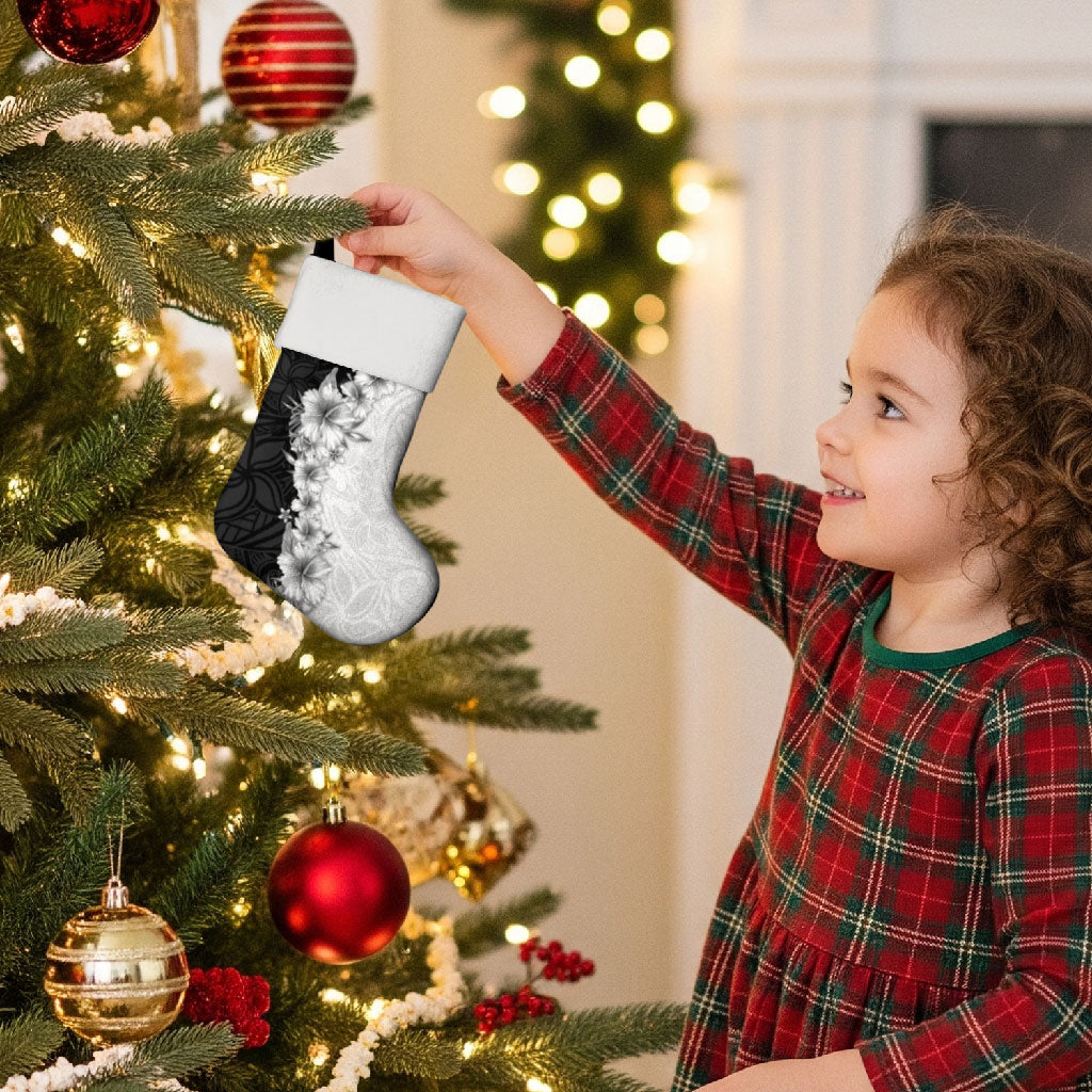 Hawaii Hibiscus Flowers Christmas Stocking Grayscale Polynesian Pattern