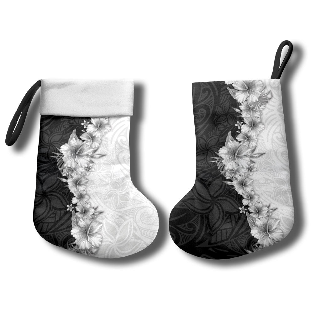 Hawaii Hibiscus Flowers Christmas Stocking Grayscale Polynesian Pattern