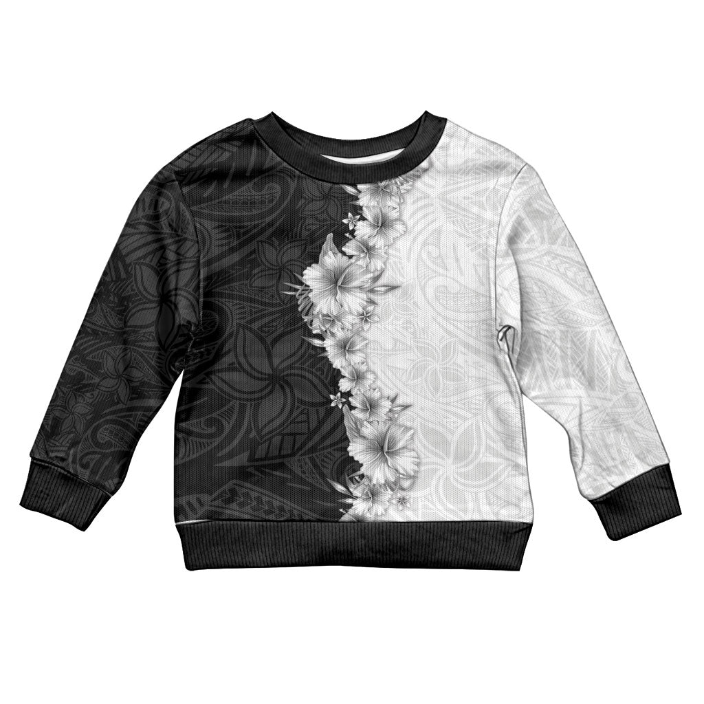 Hawaii Hibiscus Flowers Kid Ugly Christmas Sweater Grayscale Polynesian Pattern LT05 Kid Black - Polynesian Pride