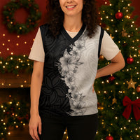 Hawaii Hibiscus Flowers Christmas Knitted V-Neck Vest Grayscale Polynesian Pattern