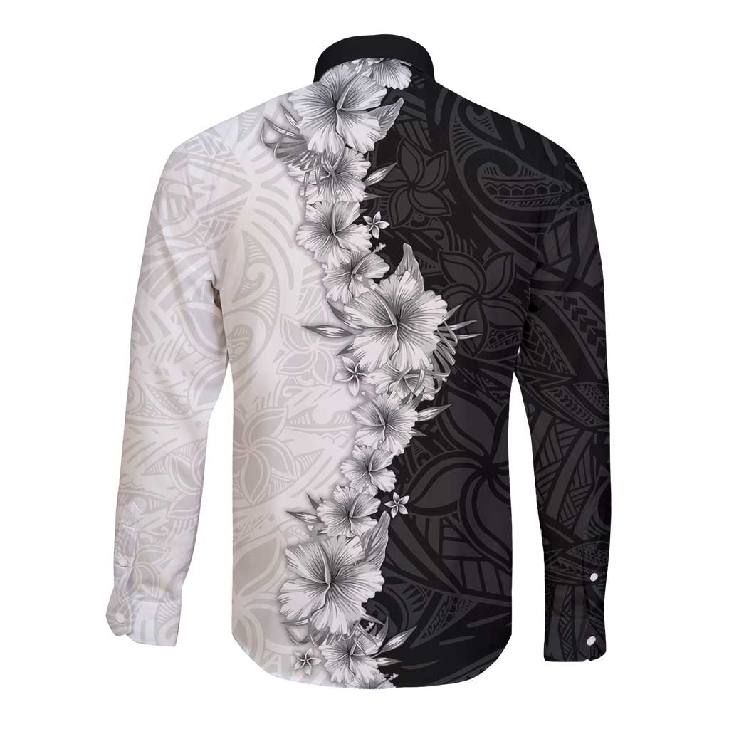Hawaii Hibiscus Flowers Long Sleeve Button Shirt Grayscale Polynesian Pattern LT05 - Polynesian Pride