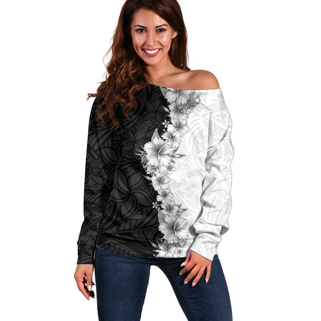 Hawaii Hibiscus Flowers Off Shoulder Sweater Grayscale Polynesian Pattern LT05 Women Black - Polynesian Pride