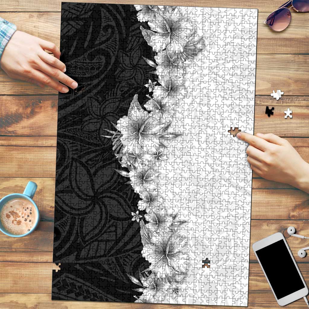 Hawaii Hibiscus Flowers Puzzle Grayscale Polynesian Pattern LT05 Black - Polynesian Pride