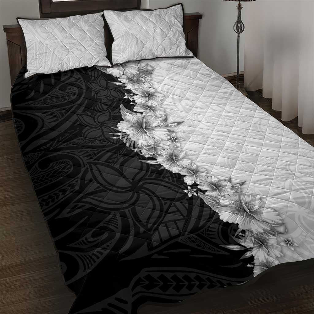Hawaii Hibiscus Flowers Quilt Bed Set Grayscale Polynesian Pattern LT05 Black - Polynesian Pride