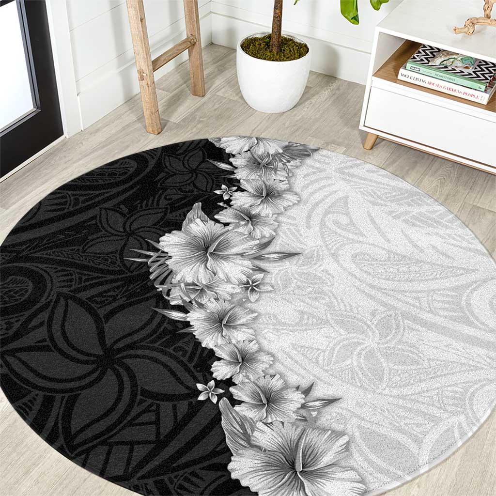 Hawaii Hibiscus Flowers Round Carpet Grayscale Polynesian Pattern LT05 Black - Polynesian Pride