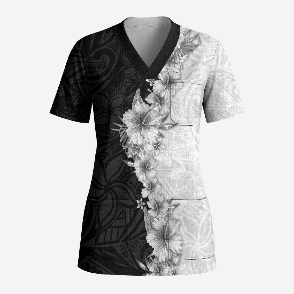 Hawaii Hibiscus Flowers Scrub Top Grayscale Polynesian Pattern LT05 Adult Black - Polynesian Pride