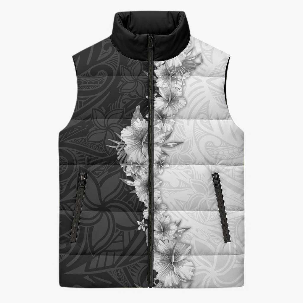 Hawaii Hibiscus Flowers Sleeveless Puffer Jacket Grayscale Polynesian Pattern LT05 Unisex Black - Polynesian Pride