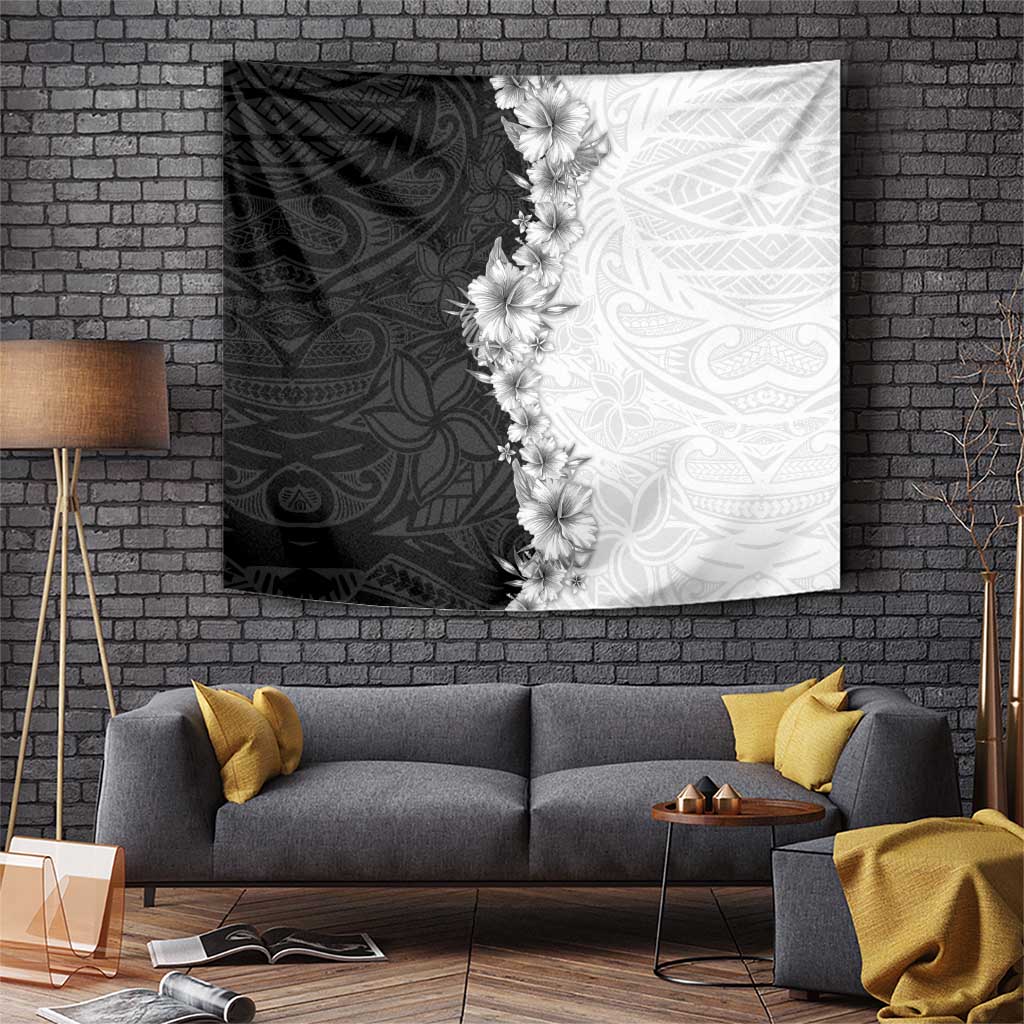 Hawaii Hibiscus Flowers Tapestry Grayscale Polynesian Pattern LT05 Black - Polynesian Pride