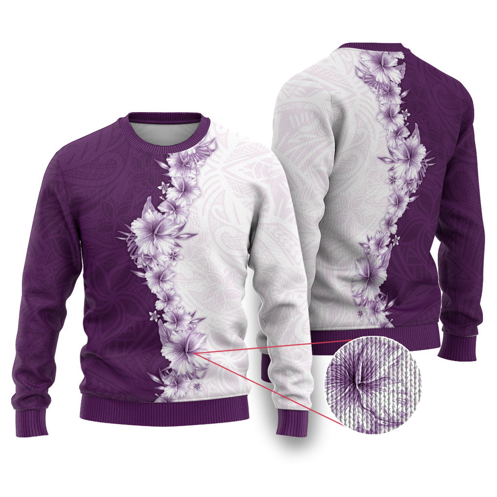 Hawaii Hibiscus Flowers Ugly Christmas Sweater Purple Polynesian Pattern