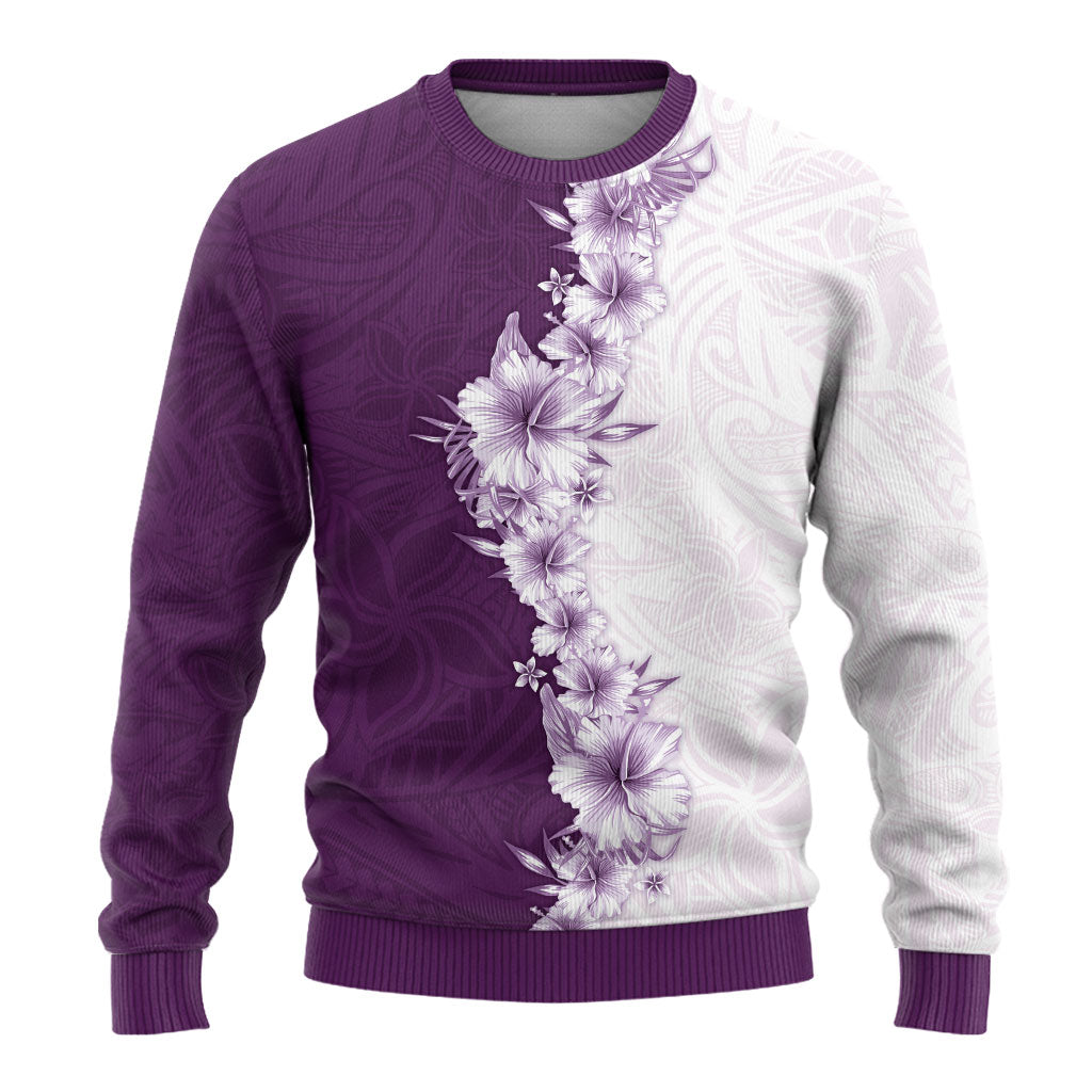 Hawaii Hibiscus Flowers Ugly Christmas Sweater Purple Polynesian Pattern