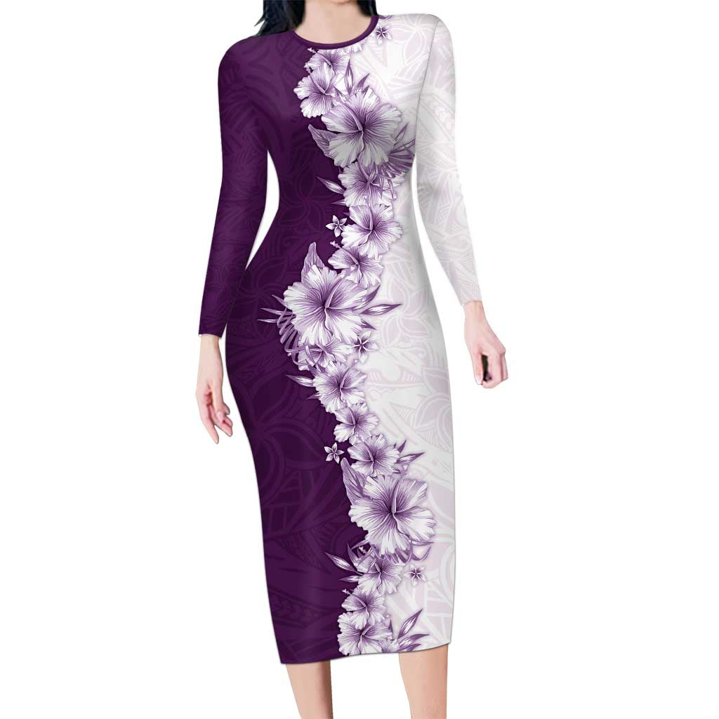 Hawaii Hibiscus Flowers Long Sleeve Bodycon Dress Purple Polynesian Pattern LT05 Long Dress Purple - Polynesian Pride