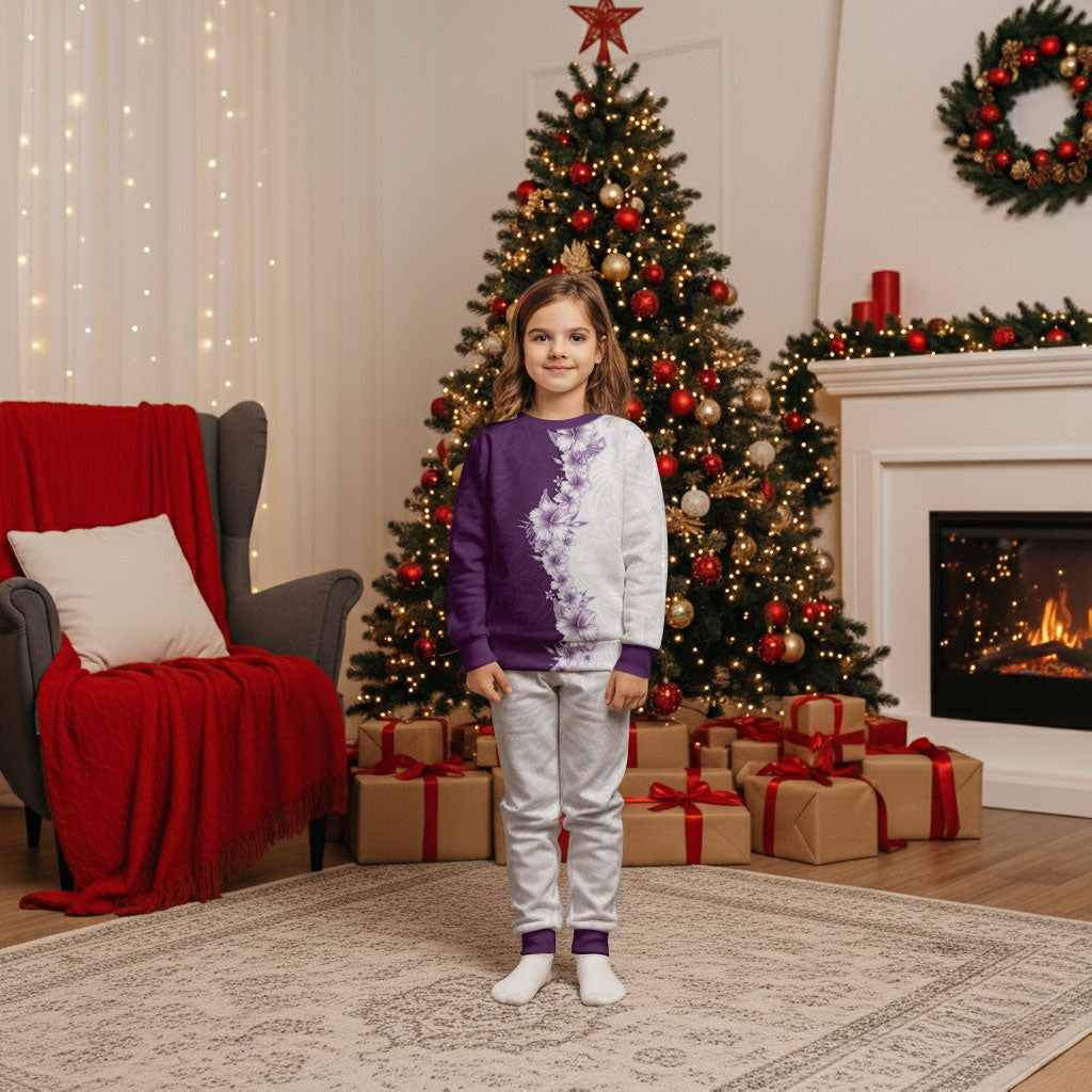 Hawaii Hibiscus Flowers Christmas Pajama Set Purple Polynesian Pattern