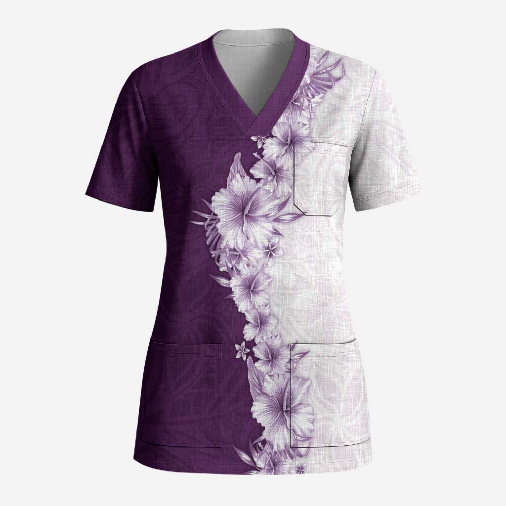 Hawaii Hibiscus Flowers Scrub Top Purple Polynesian Pattern LT05 Adult Purple - Polynesian Pride