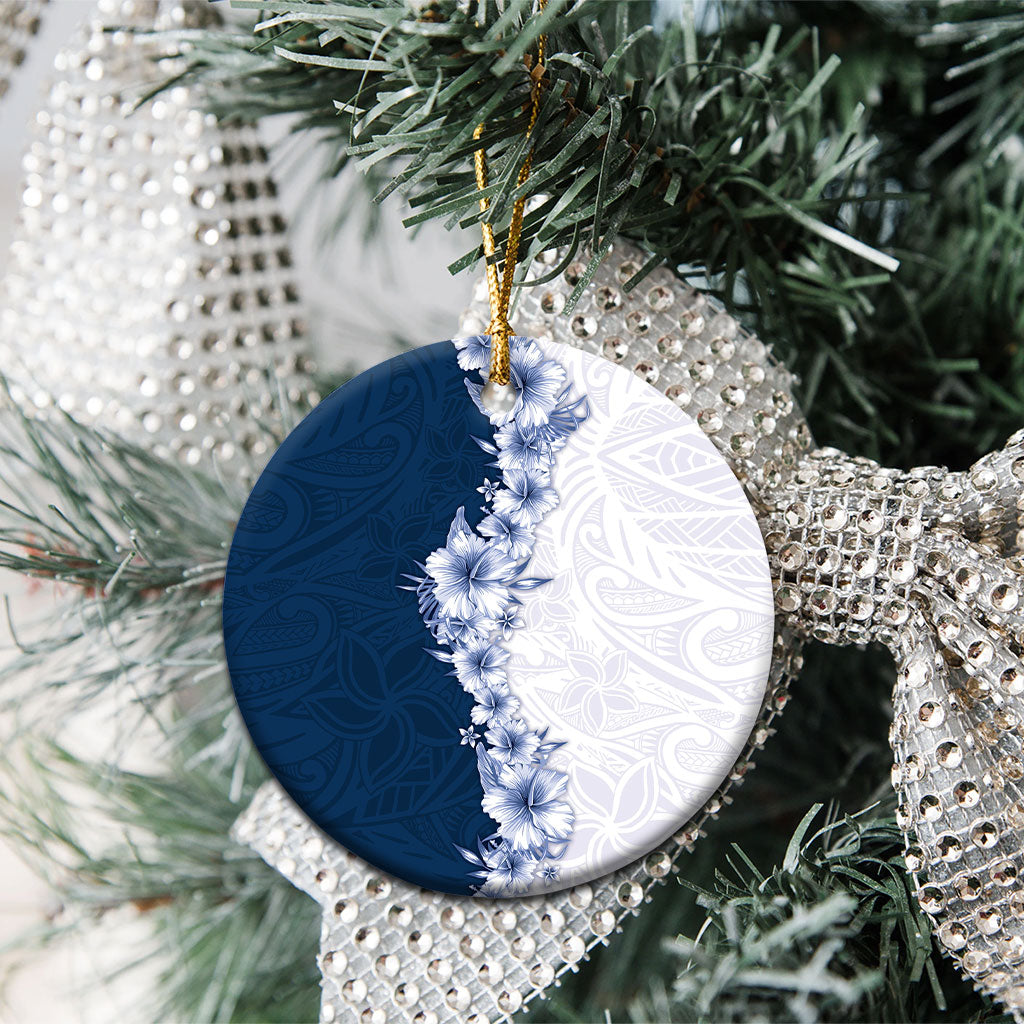 Hawaii Hibiscus Flowers Ceramic Ornament Blue Polynesian Pattern