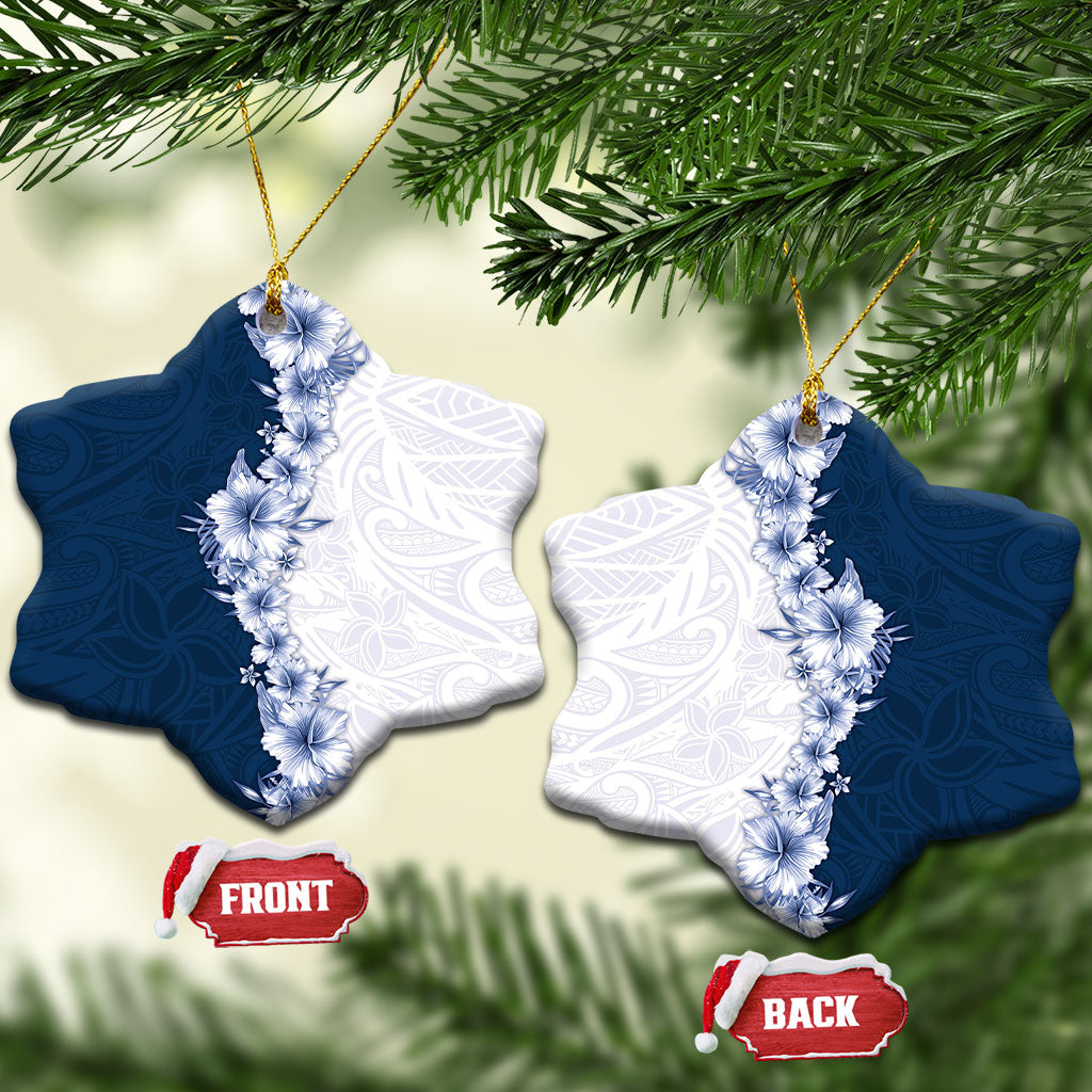 Hawaii Hibiscus Flowers Ceramic Ornament Blue Polynesian Pattern