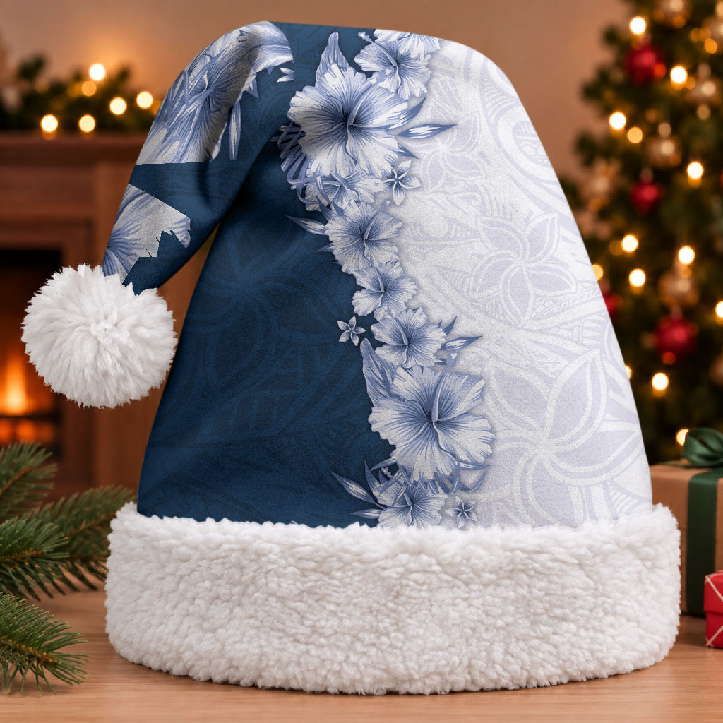 Hawaii Hibiscus Flowers Christmas Santa Hat Blue Polynesian Pattern