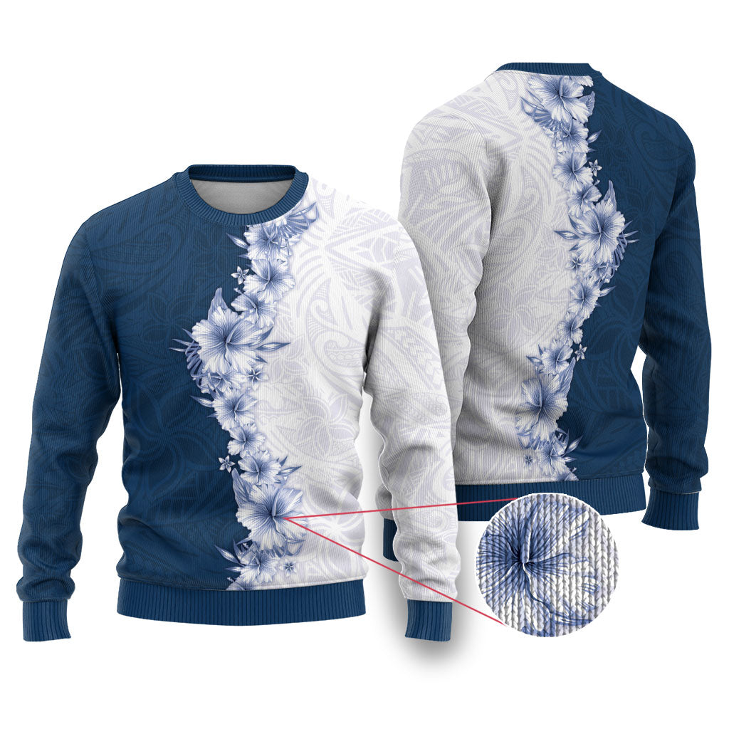 Hawaii Hibiscus Flowers Ugly Christmas Sweater Blue Polynesian Pattern