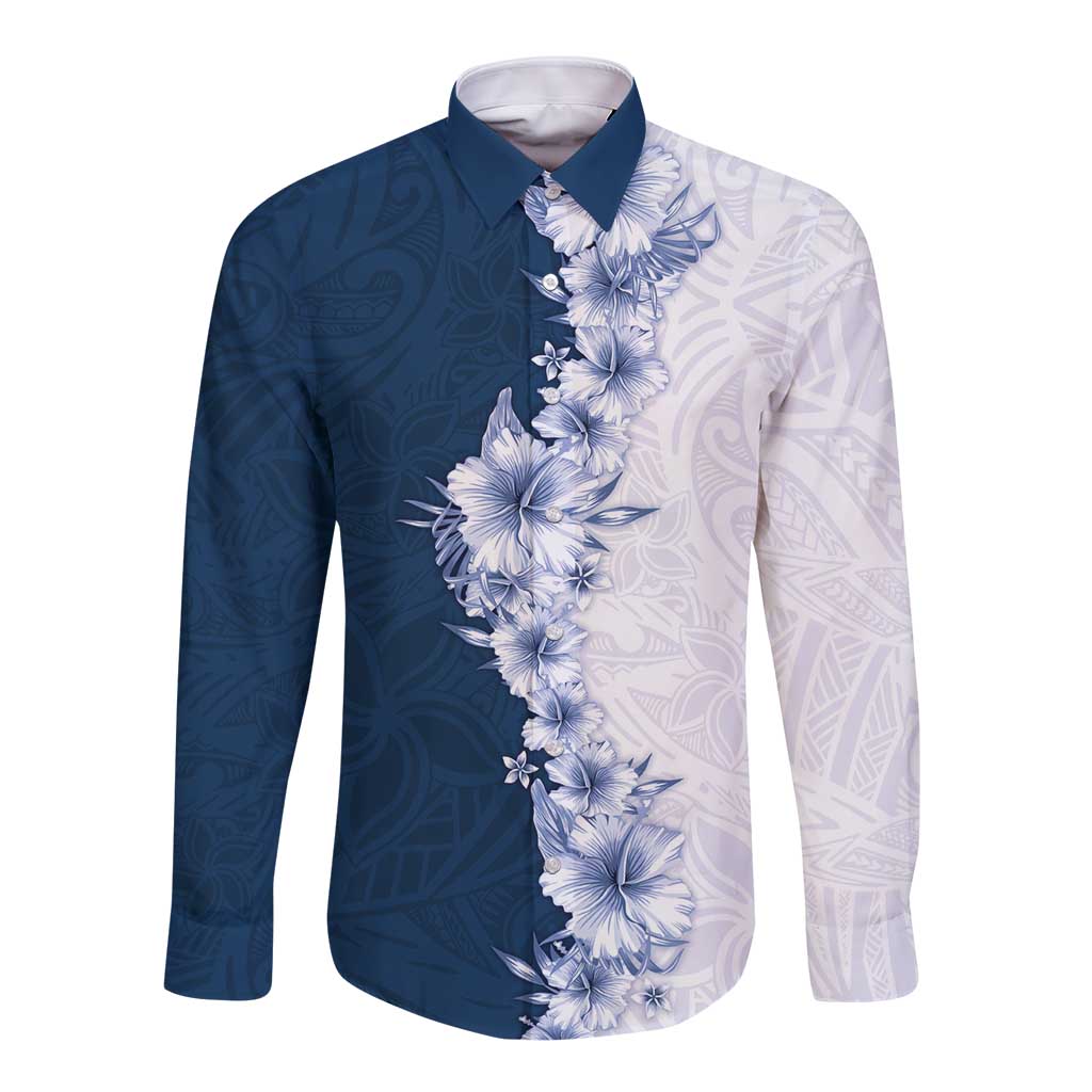 Hawaii Hibiscus Flowers Long Sleeve Button Shirt Blue Polynesian Pattern LT05 Unisex Blue - Polynesian Pride