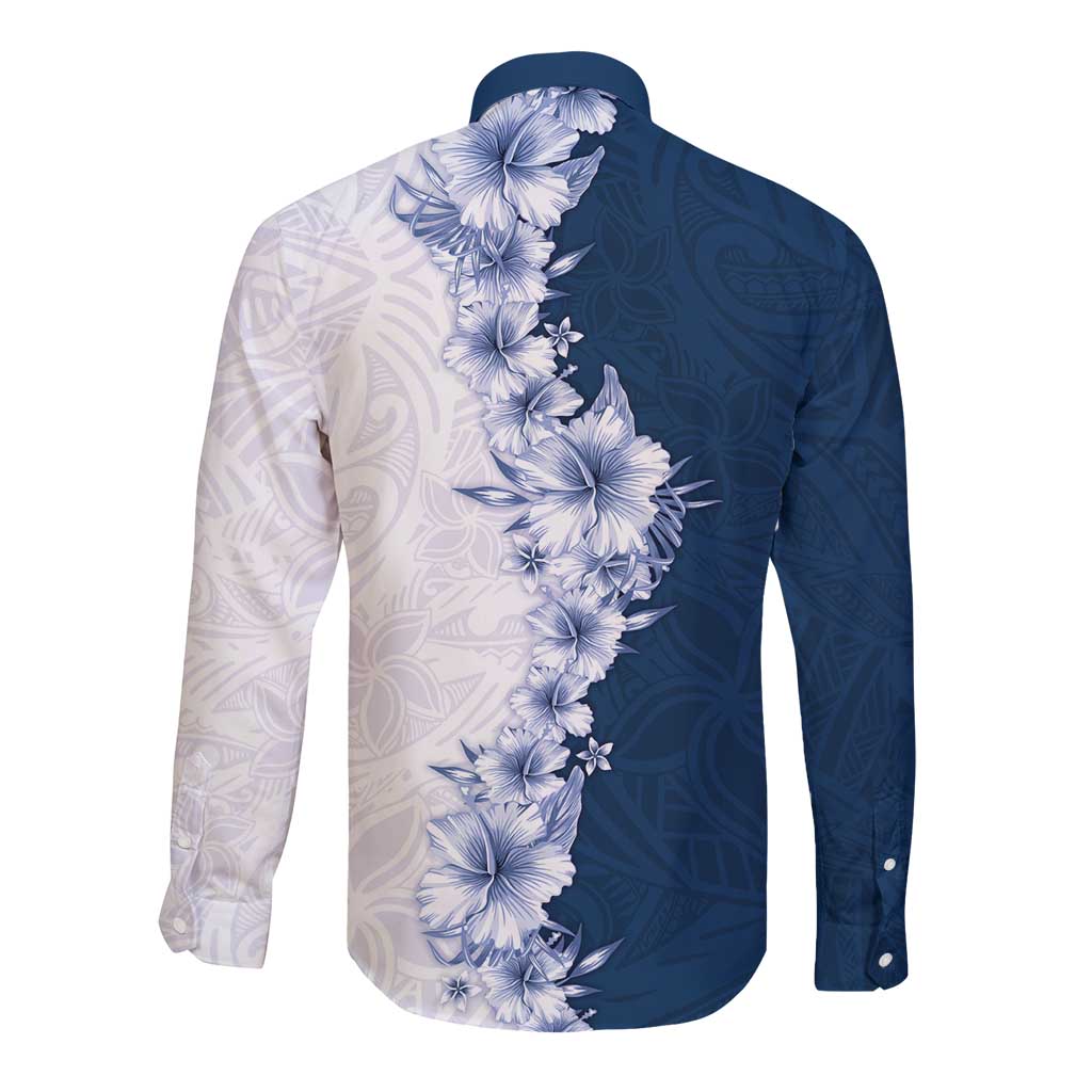 Hawaii Hibiscus Flowers Long Sleeve Button Shirt Blue Polynesian Pattern LT05 - Polynesian Pride