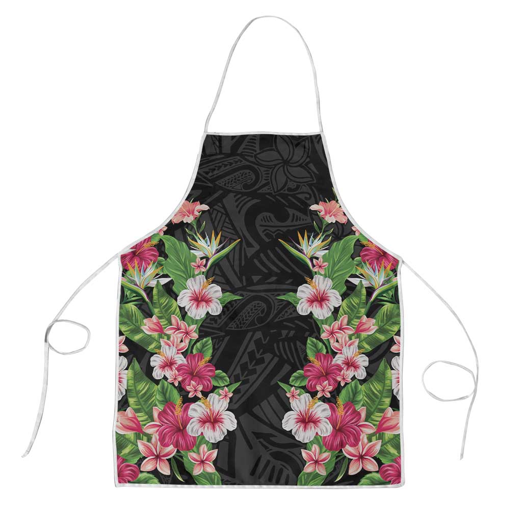 Hawaii Tropical Flowers Apron Black Polynesian Tattoo Art LT05 Black - Polynesian Pride
