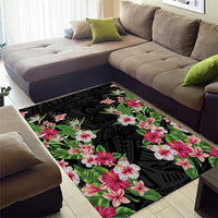 Hawaii Tropical Flowers Area Rug Black Polynesian Tattoo Art LT05 - Polynesian Pride
