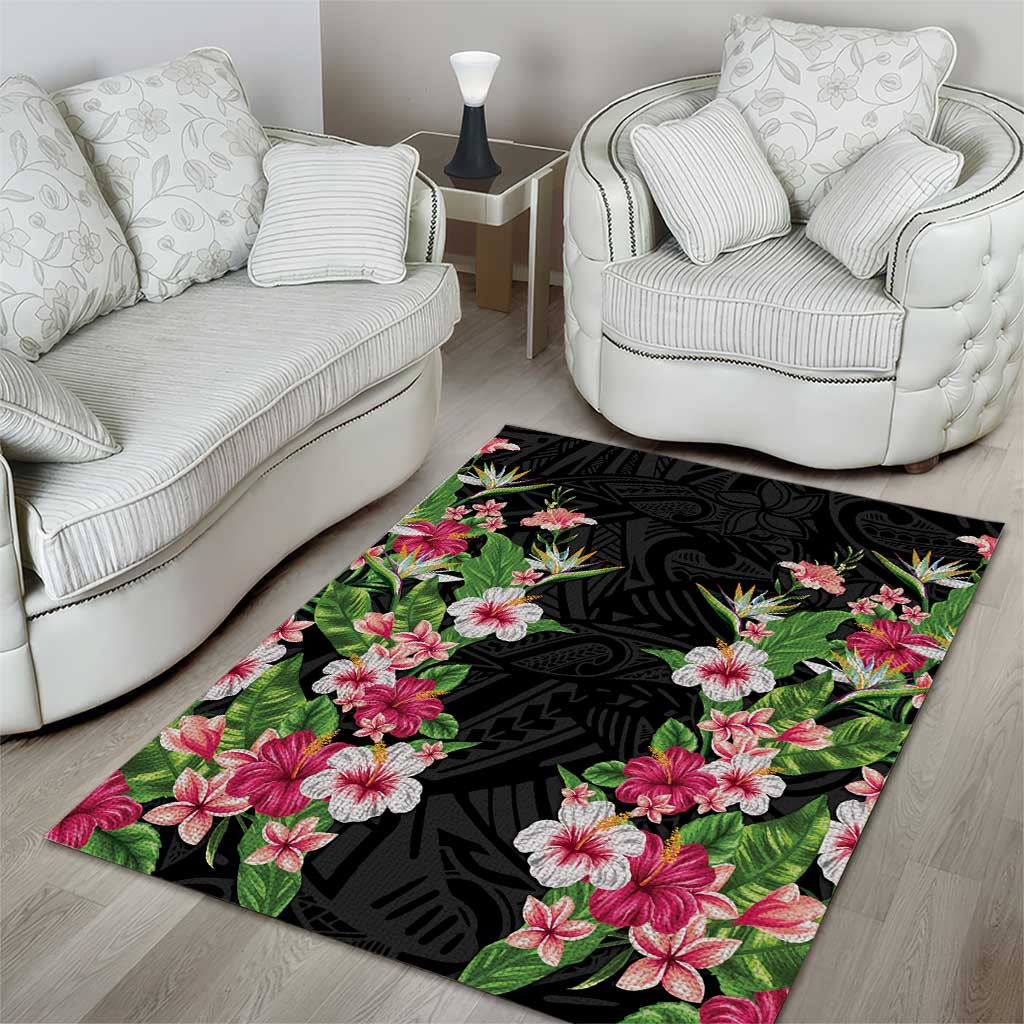 Hawaii Tropical Flowers Area Rug Black Polynesian Tattoo Art LT05 - Polynesian Pride