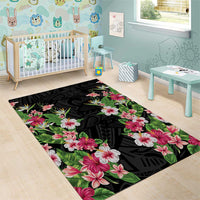 Hawaii Tropical Flowers Area Rug Black Polynesian Tattoo Art LT05 - Polynesian Pride