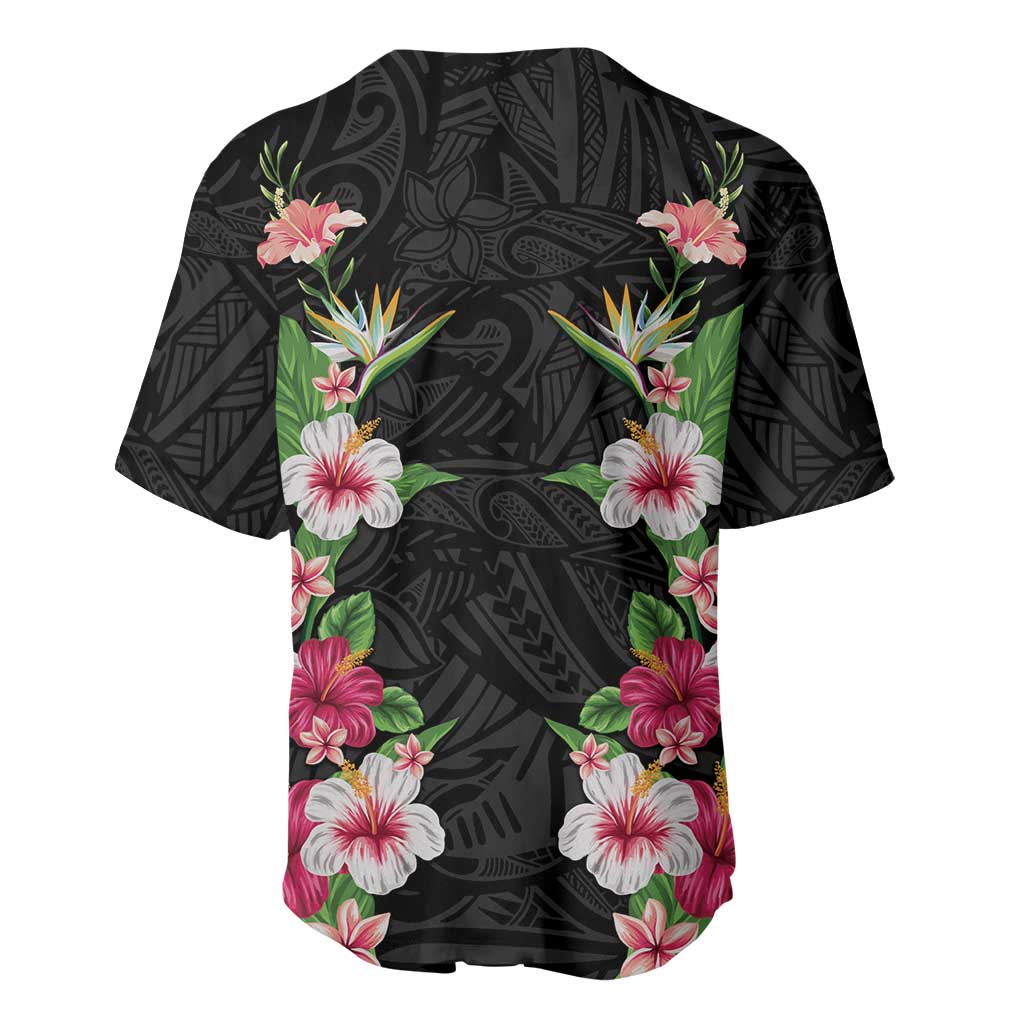 Hawaii Tropical Flowers Baseball Jersey Black Polynesian Tattoo Art LT05 - Polynesian Pride