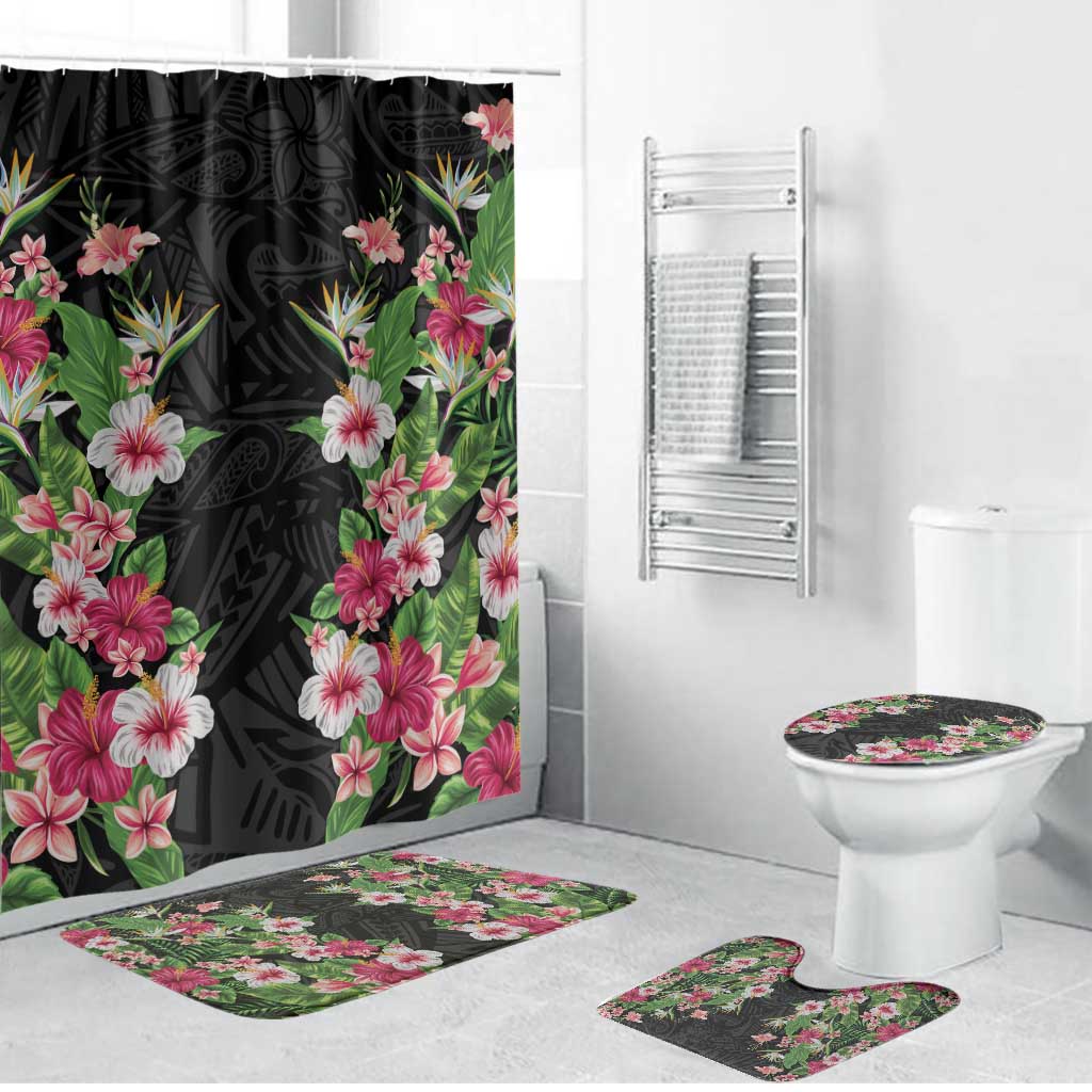 Hawaii Tropical Flowers Bathroom Set Black Polynesian Tattoo Art LT05 Bathroom Set (4 pcs) Black - Polynesian Pride