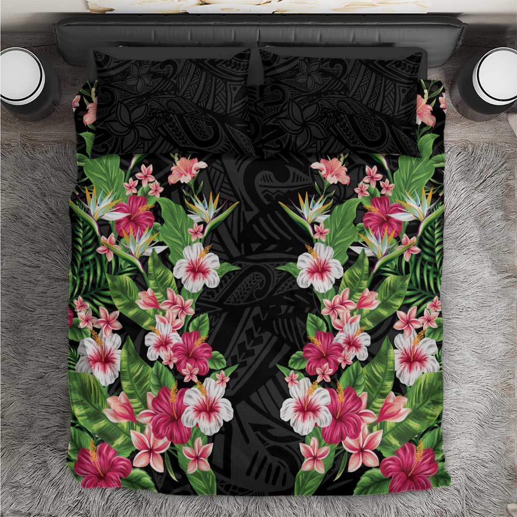 Hawaii Tropical Flowers Bedding Set Black Polynesian Tattoo Art LT05 Black - Polynesian Pride