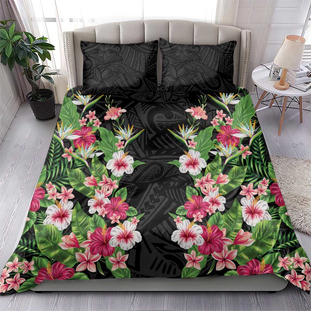 Hawaii Tropical Flowers Bedding Set Black Polynesian Tattoo Art LT05 - Polynesian Pride