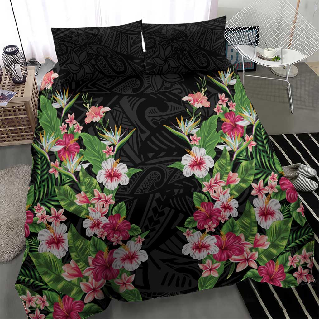 Hawaii Tropical Flowers Bedding Set Black Polynesian Tattoo Art LT05 - Polynesian Pride