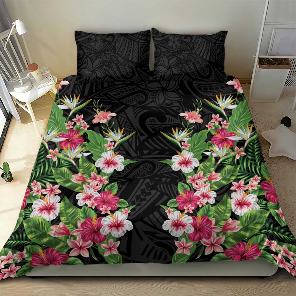 Hawaii Tropical Flowers Bedding Set Black Polynesian Tattoo Art LT05 - Polynesian Pride