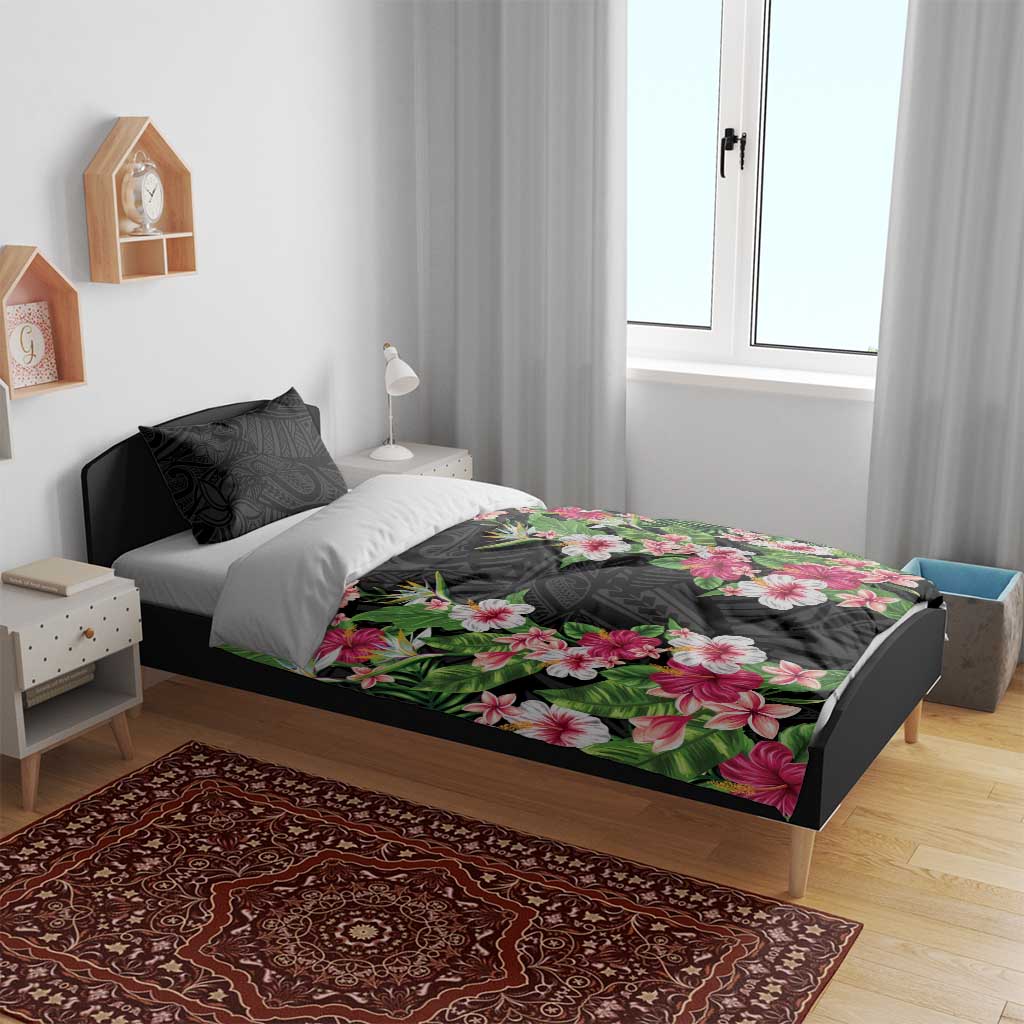 Hawaii Tropical Flowers Bedding Set Black Polynesian Tattoo Art LT05 - Polynesian Pride