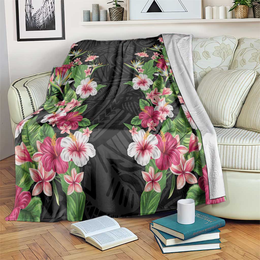 Hawaii Tropical Flowers Blanket Black Polynesian Tattoo Art LT05 Black - Polynesian Pride