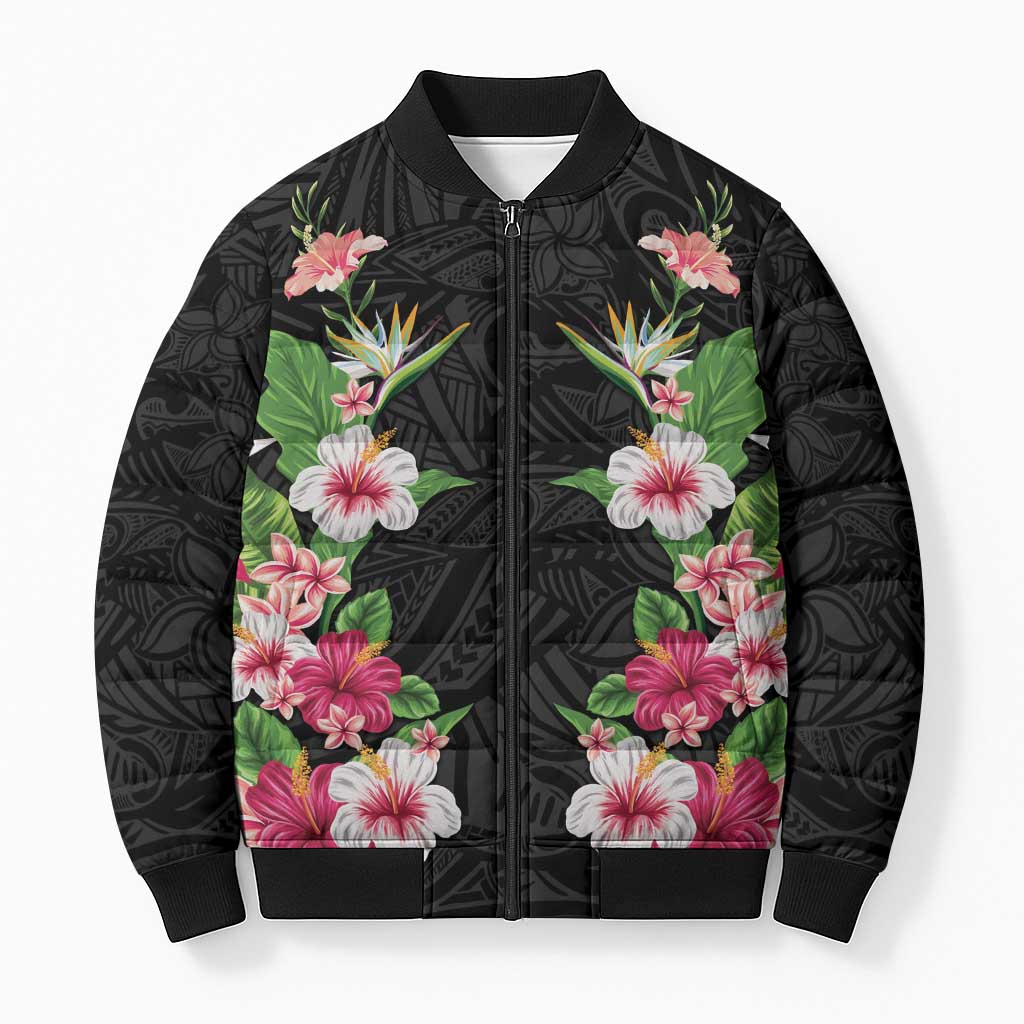 Hawaii Tropical Flowers Bomber Puffer Jacket Black Polynesian Tattoo Art LT05 Unisex Black - Polynesian Pride