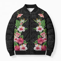 Hawaii Tropical Flowers Bomber Puffer Jacket Black Polynesian Tattoo Art LT05 Unisex Black - Polynesian Pride