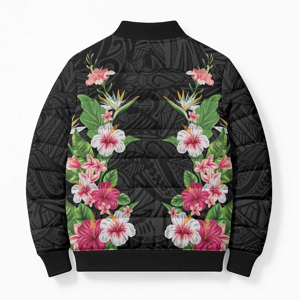 Hawaii Tropical Flowers Bomber Puffer Jacket Black Polynesian Tattoo Art LT05 - Polynesian Pride