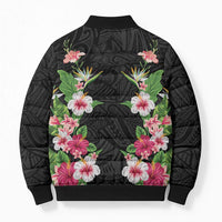 Hawaii Tropical Flowers Bomber Puffer Jacket Black Polynesian Tattoo Art LT05 - Polynesian Pride