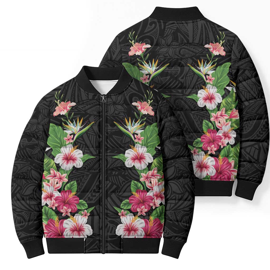 Hawaii Tropical Flowers Bomber Puffer Jacket Black Polynesian Tattoo Art LT05 - Polynesian Pride