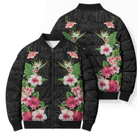 Hawaii Tropical Flowers Bomber Puffer Jacket Black Polynesian Tattoo Art LT05 - Polynesian Pride