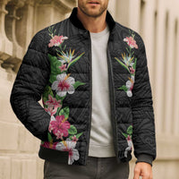 Hawaii Tropical Flowers Bomber Puffer Jacket Black Polynesian Tattoo Art LT05 - Polynesian Pride