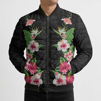 Hawaii Tropical Flowers Bomber Puffer Jacket Black Polynesian Tattoo Art LT05 - Polynesian Pride