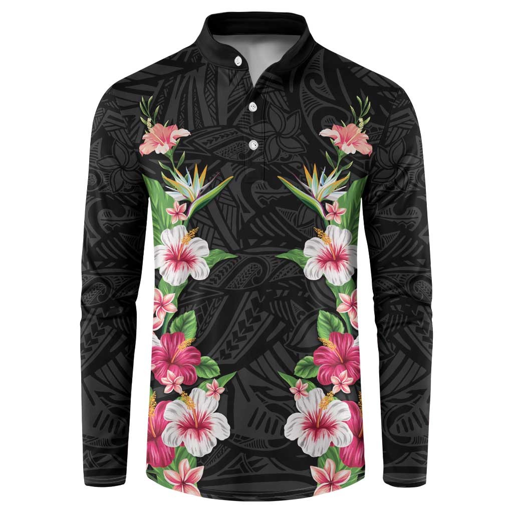 Hawaii Tropical Flowers Button Sweatshirt Black Polynesian Tattoo Art LT05 Black - Polynesian Pride