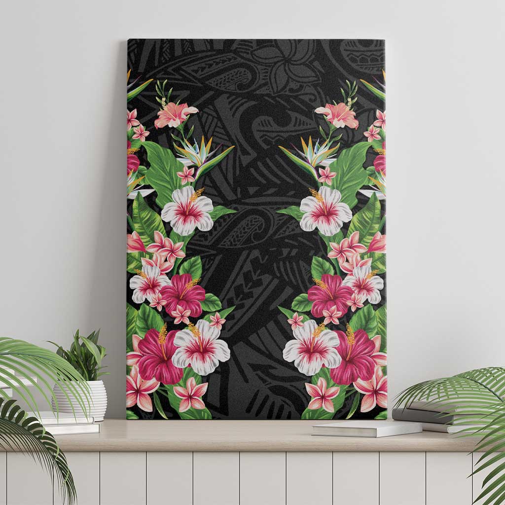 Hawaii Tropical Flowers Canvas Wall Art Black Polynesian Tattoo Art LT05 - Polynesian Pride