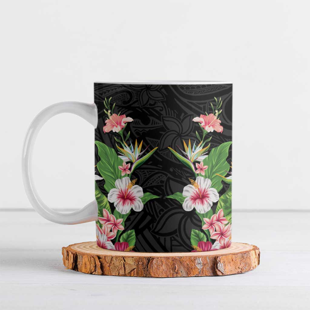 Hawaii Tropical Flowers Ceramic Mug Black Polynesian Tattoo Art LT05 Black - Polynesian Pride