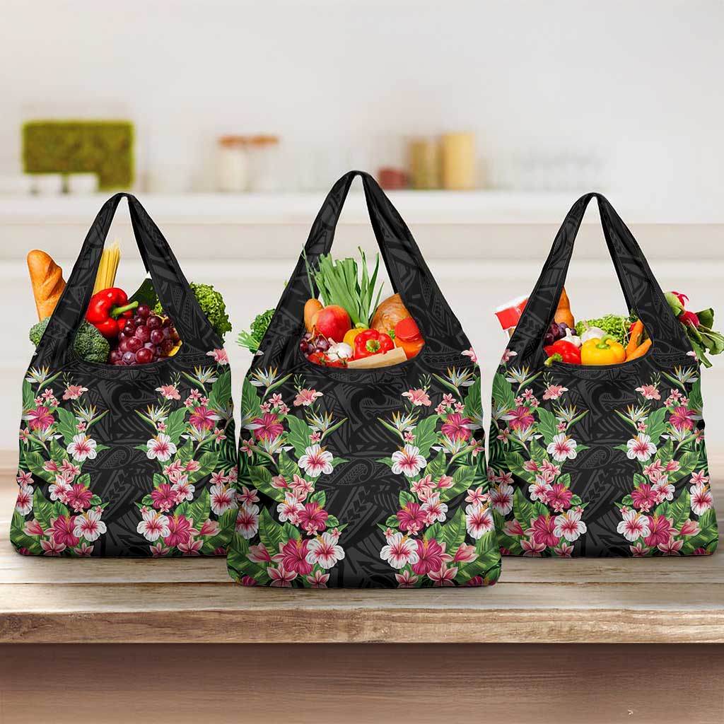 Hawaii Tropical Flowers Grocery Bag Black Polynesian Tattoo Art LT05 3-pack One Size Black - Polynesian Pride