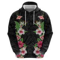 Hawaii Tropical Flowers Hoodie Black Polynesian Tattoo Art LT05 - Polynesian Pride